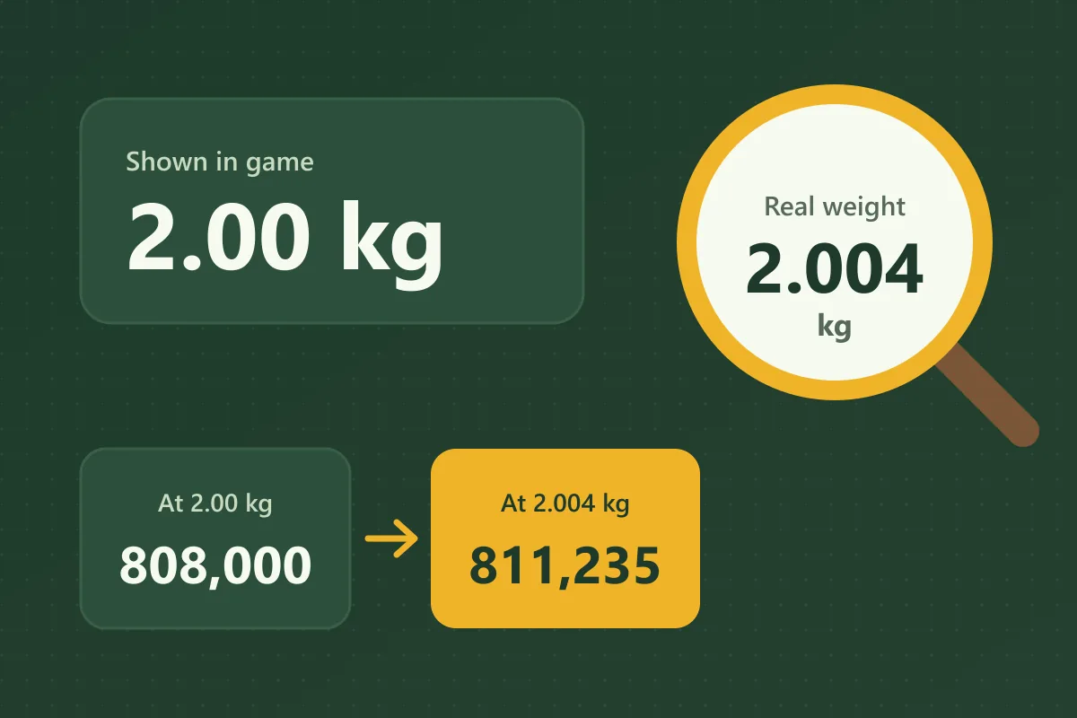 A rounded weight can hide extra decimals The game shows 2.00 kg while a magnifying glass reveals the real weight of 2.004 kg, which moves the sell value from 808,000 to 811,235 sheckles